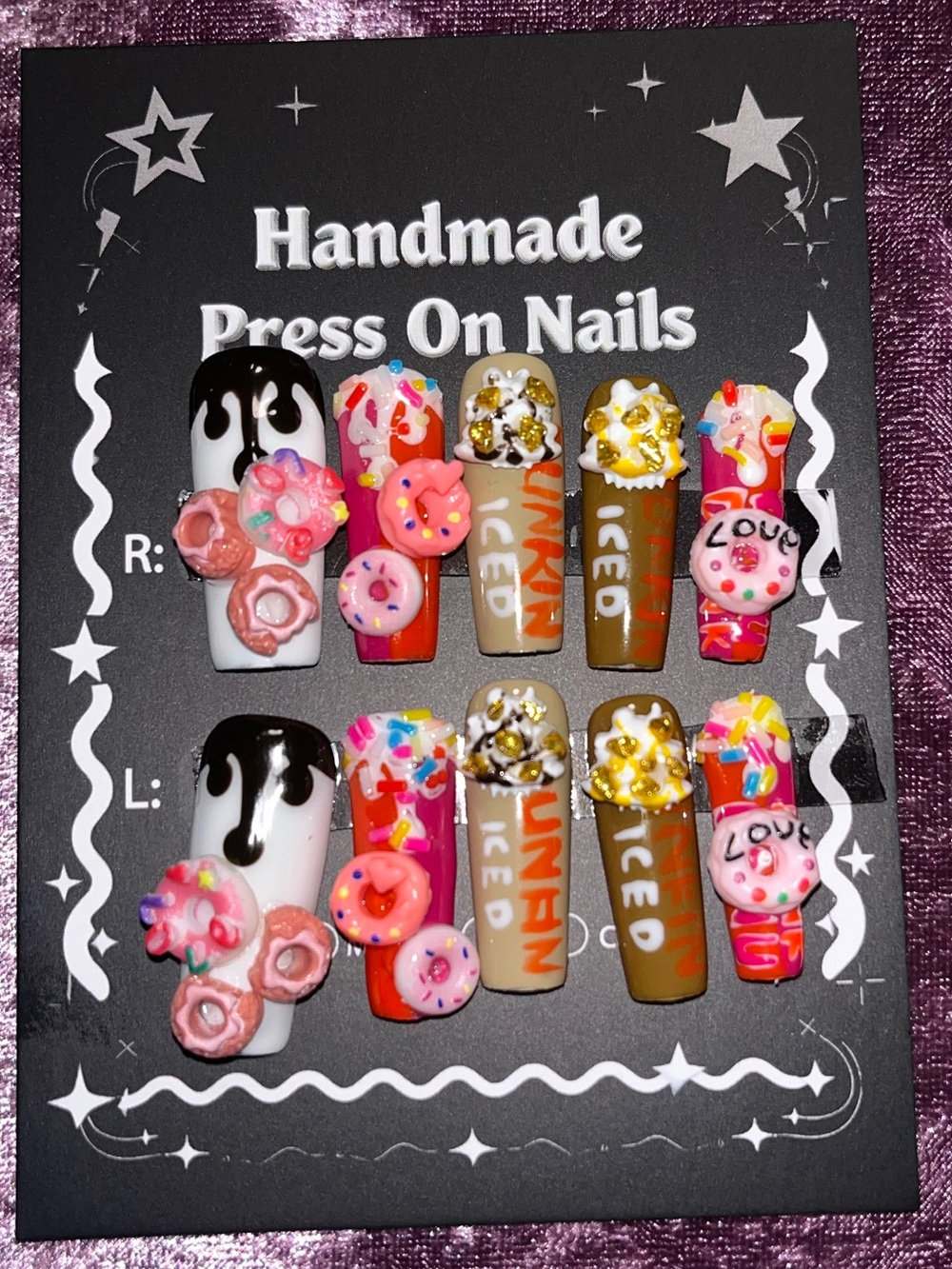Handmade Pink & White Press-On Nails Set - Cute Donut & Drip Design